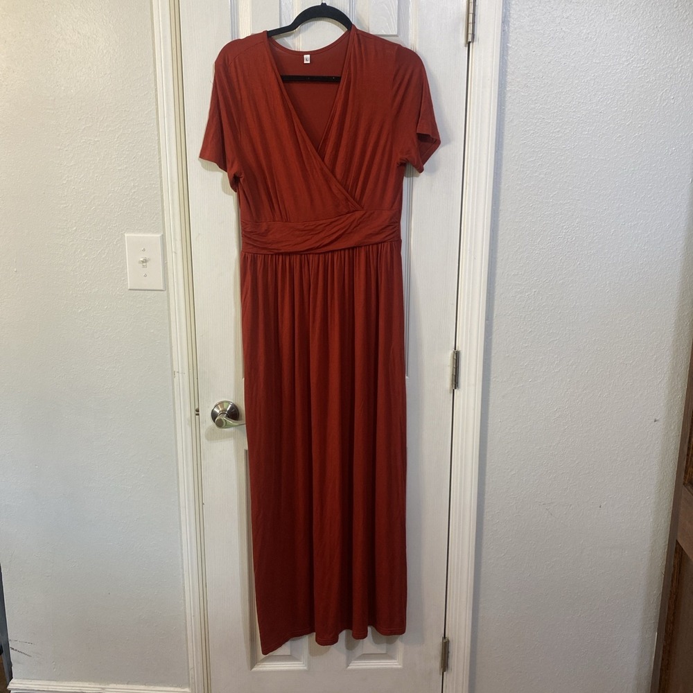 Women's Maxi Dress Comfortable V- neck Rust Color Size L